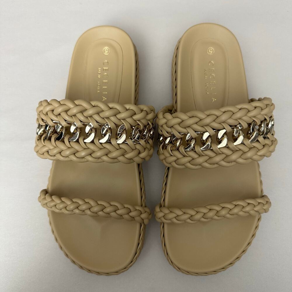 Cecelia New York Penny Braided Slide Sandals Nude Gold Chain Platform Size 5M